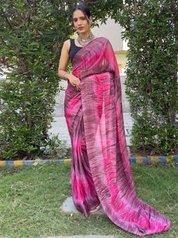 Akhilam - Women's Malai Silk Pink Printed Saree with Unstitched Blouse