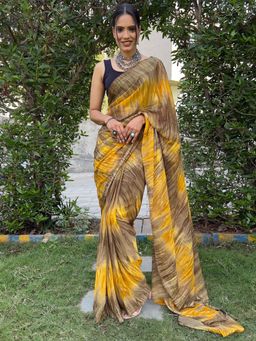 Akhilam - Women's Malai Silk Mustard Printed Saree with Unstitched Blouse