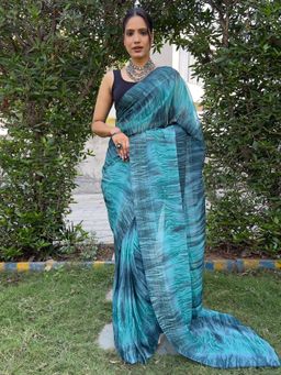 Akhilam - Women's Malai Silk Blue Printed Saree with Unstitched Blouse