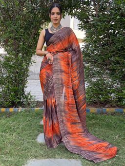 Akhilam - Women's Malai Silk Orange Printed Saree with Unstitched Blouse
