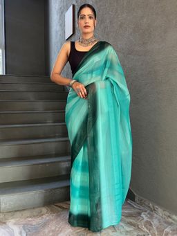 Akhilam - Women's Georgette Turquoise Stripes Saree with Unstitched Blouse