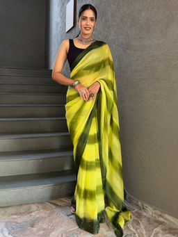 Akhilam - Women's Georgette Lemon Yellow Stripes Saree with Unstitched Blouse