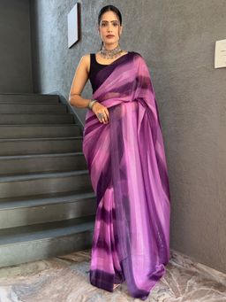 Akhilam - Women's Georgette Magenta Stripes Saree with Unstitched Blouse