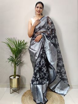 Akhilam - Women's Organza Black Floral Saree with Unstitched Blouse