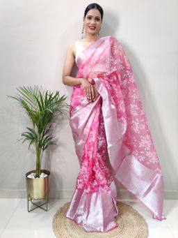 Akhilam - Women's Organza Pink Floral Saree with Unstitched Blouse