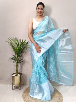 Akhilam - Women's Organza Light Blue Floral Saree with Unstitched Blouse