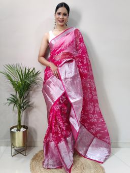 Akhilam - Women's Organza Pink Floral Saree with Unstitched Blouse