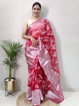 Akhilam - Women's Organza Red Floral Saree with Unstitched Blouse