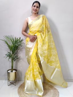 Akhilam - Women's Organza Yellow Floral Saree with Unstitched Blouse