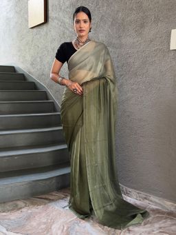 Akhilam - Women's Nylon Olive Self Design Saree with Unstitched Blouse