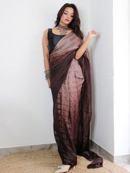 Akhilam - Women's Nylon Brown Self Design Saree with Unstitched Blouse