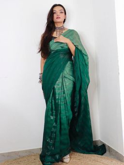 Akhilam - Women's Nylon Green Self Design Saree with Unstitched Blouse