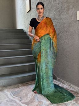 Akhilam - Women's Nylon Mustard Printed Saree with Unstitched Blouse