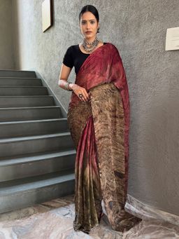 Akhilam - Women's Nylon Maroon Printed Saree with Unstitched Blouse