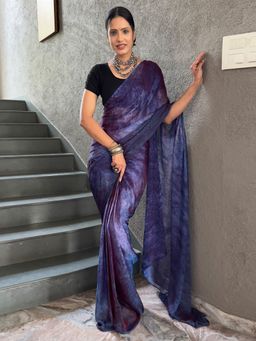 Akhilam - Women's Nylon Purple Printed Saree with Unstitched Blouse