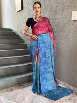 Akhilam - Women's Nylon Pink Printed Saree with Unstitched Blouse