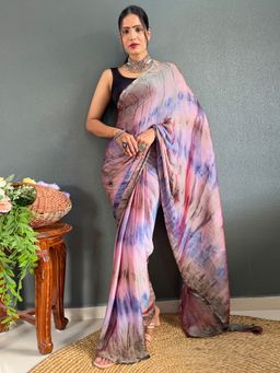 Akhilam - Women's Nylon Rose Gold Printed Saree with Unstitched Blouse