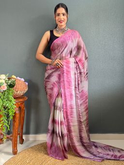 Akhilam - Women's Nylon Pink Printed Saree with Unstitched Blouse