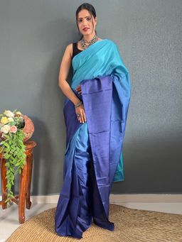Akhilam - Women's Khadi Cotton Blue Ombre Saree with Unstitched Blouse