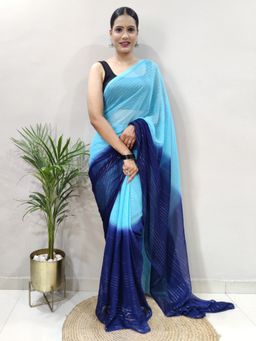 Akhilam - Women's Georgette Blue Stripes Saree with Unstitched Blouse