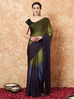 Akhilam - Women's Nylon Olive Colorblock Saree with Unstitched Blouse