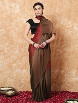 Akhilam - Women's Nylon Red Colorblock Saree with Unstitched Blouse