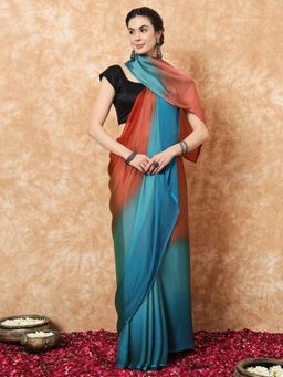 Akhilam - Women's Nylon Orange Colorblock Saree with Unstitched Blouse