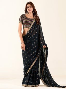 Sareemall - Women's Georgette Black Printed Designer Saree with Unstitched Blouse