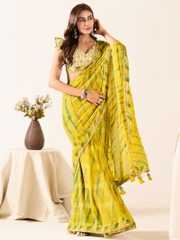 Sareemall - Women's Georgette Yellow Printed Designer Saree with Unstitched Blouse
