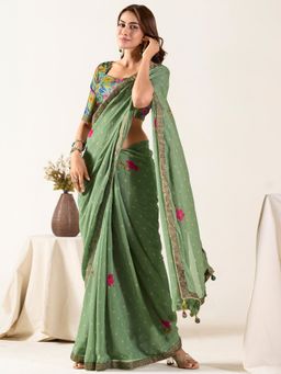 Sareemall - Women's Georgette Sea Green Printed Designer Saree with Unstitched Blouse