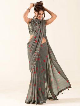 Sareemall - Women's Georgette Grey Printed Designer Saree with Unstitched Blouse