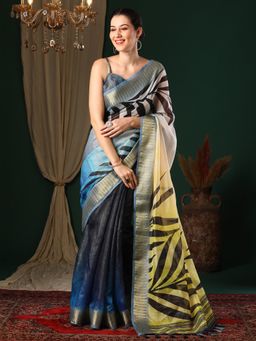 Akhilam - Women's Organza Navy Blue Printed Designer Saree with Unstitched Blouse