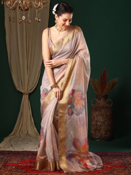 Akhilam - Women's Organza Cream Floral Designer Saree with Unstitched Blouse