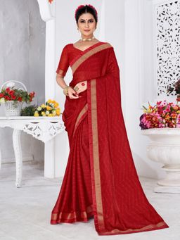 Akhilam - Women's Chiffon Red Printed Designer Saree with Unstitched Blouse