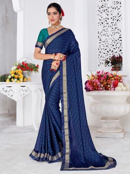 Akhilam - Women's Chiffon Blue Printed Designer Saree with Unstitched Blouse