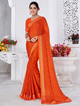 Akhilam - Women's Chiffon Orange Printed Designer Saree with Unstitched Blouse