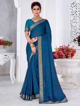 Akhilam - Women's Chiffon Blue Printed Designer Saree with Unstitched Blouse