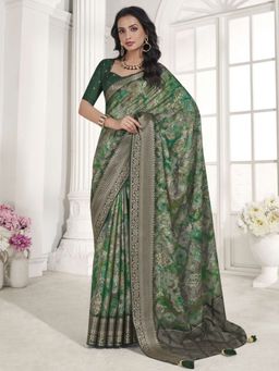 Akhilam - Women's Vichitra Silk Green Woven Designer Saree with Unstitched Blouse