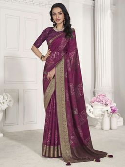 Akhilam - Women's Vichitra Silk Magenta Woven Designer Saree with Unstitched Blouse