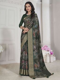 Akhilam - Women's Vichitra Silk Dark Green Woven Designer Saree with Unstitched Blouse