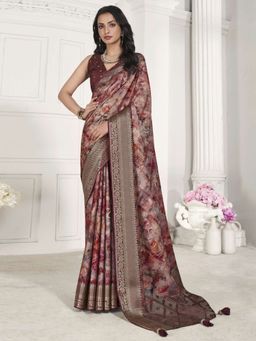 Akhilam - Women's Vichitra Silk Beige Woven Designer Saree with Unstitched Blouse