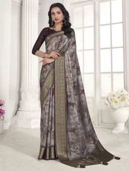 Akhilam - Women's Vichitra Silk Grey Woven Designer Saree with Unstitched Blouse