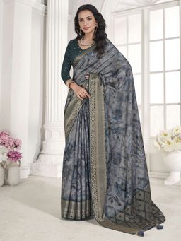 Akhilam - Women's Vichitra Silk Grey Woven Designer Saree with Unstitched Blouse