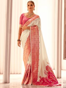 Akhilam - Women's Silk Blend Off White Woven Designer Saree with Unstitched Blouse