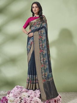 Akhilam - Women's Vichitra Silk Navy Blue Woven Designer Saree with Unstitched Blouse