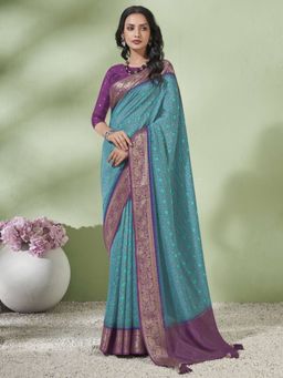 Akhilam - Women's Vichitra Silk Blue Woven Designer Saree with Unstitched Blouse