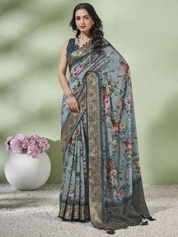 Akhilam - Women's Vichitra Silk Grey Woven Designer Saree with Unstitched Blouse
