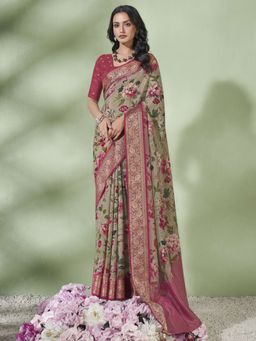 Akhilam - Women's Vichitra Silk Beige Woven Designer Saree with Unstitched Blouse