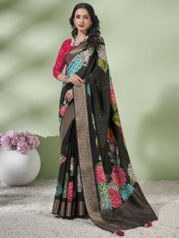 Akhilam - Women's Vichitra Silk Black Woven Designer Saree with Unstitched Blouse
