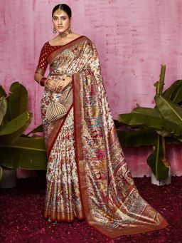 Akhilam - Women's Tussar Silk Cream Printed Designer Saree with Unstitched Blouse